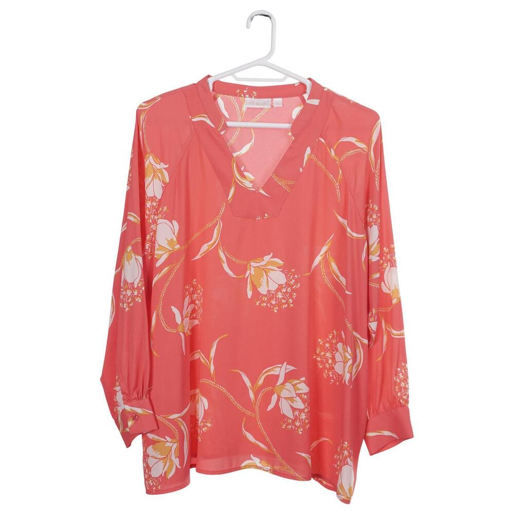 Belle by Kim Gravel Top 3X Coral Pink Floral Print Long Sleeve Casual Blouse